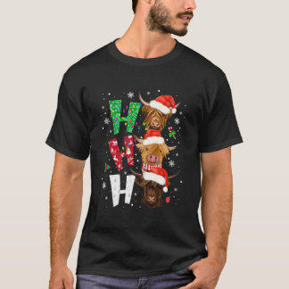 Scottish Highland Cow Print Ho Ho Ho Christmas Paj T-Shirt