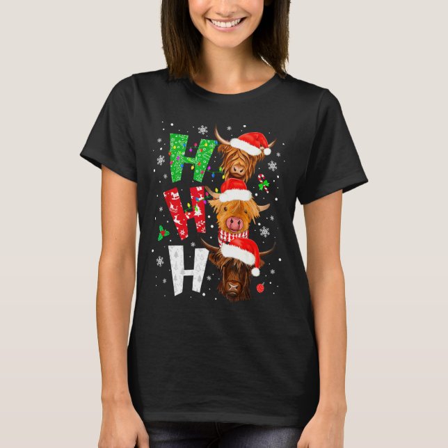 Scottish Highland Cow Print Ho Ho Ho Christmas Paj T-Shirt (Vorderseite)