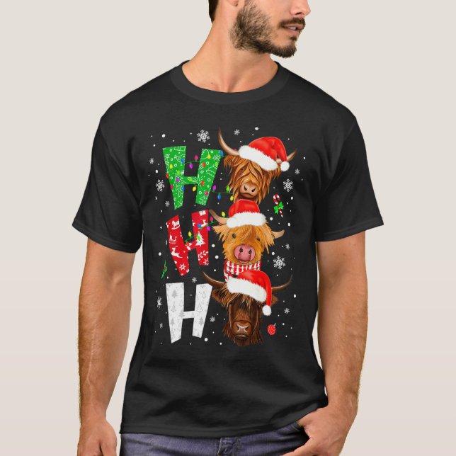 Scottish Highland Cow Print Ho Ho Ho Christmas Paj T-Shirt (Vorderseite)