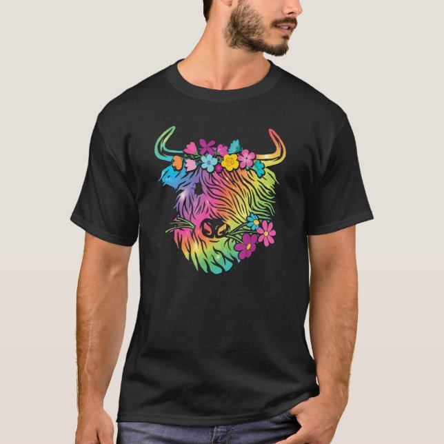 Scottish Highland Cow Print Rainbow Colors Animal T-Shirt (Vorderseite)