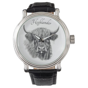 Scottish Highland Cow Sketch anpassbar Armbanduhr