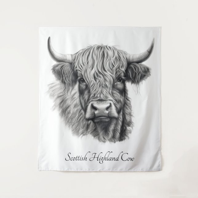 Scottish Highland Cow Sketch anpassbar Wandteppich (Vorderseite)