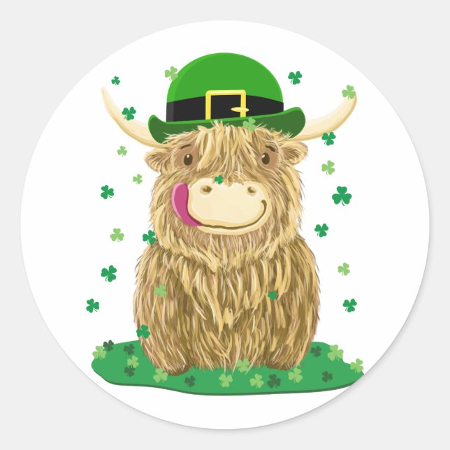 Scottish Highland Cow St Patrick's Day Kleeblatts Runder Aufkleber (Vorderseite)