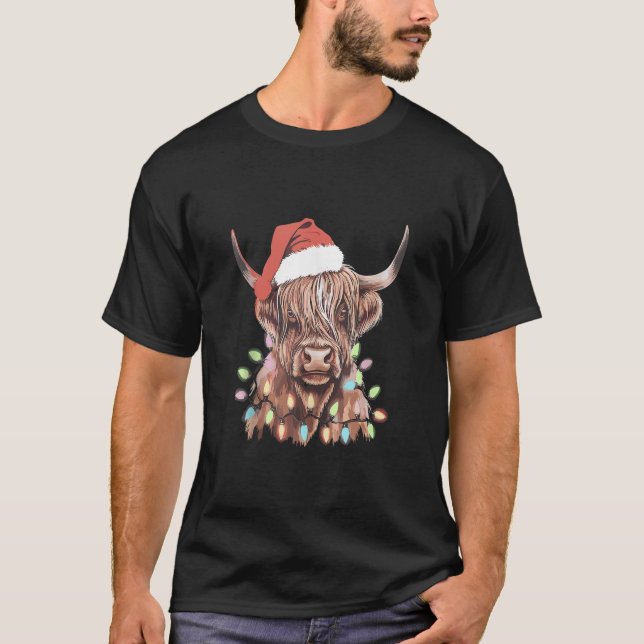 Scottish Highland Cow With Xmas Lights Christmas T T-Shirt (Vorderseite)