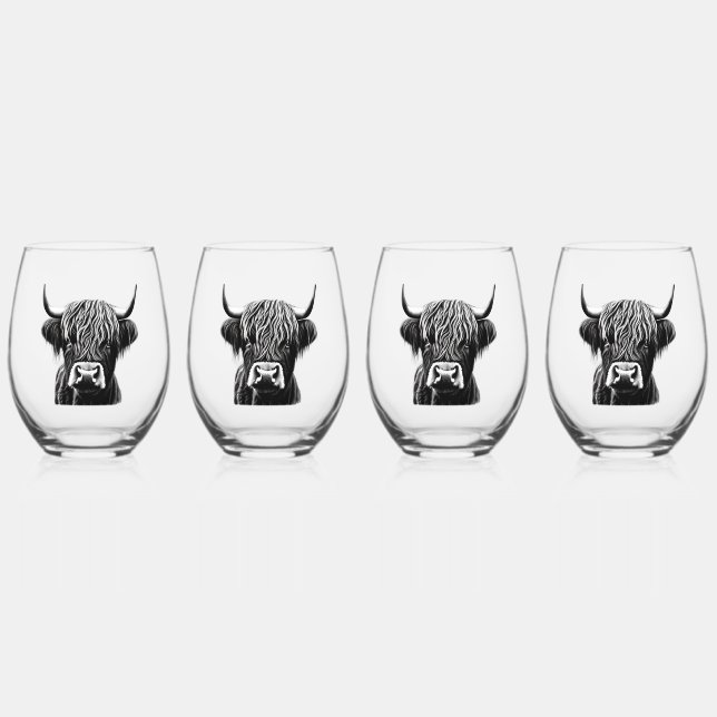 Scottish Highlander Cow Stemless Wine Glasses Weinglas Ohne Stiel (Vorderseite)