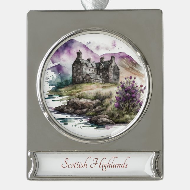 Scottish Highlands Travel Art Banner-Ornament Silber (Vorderseite)