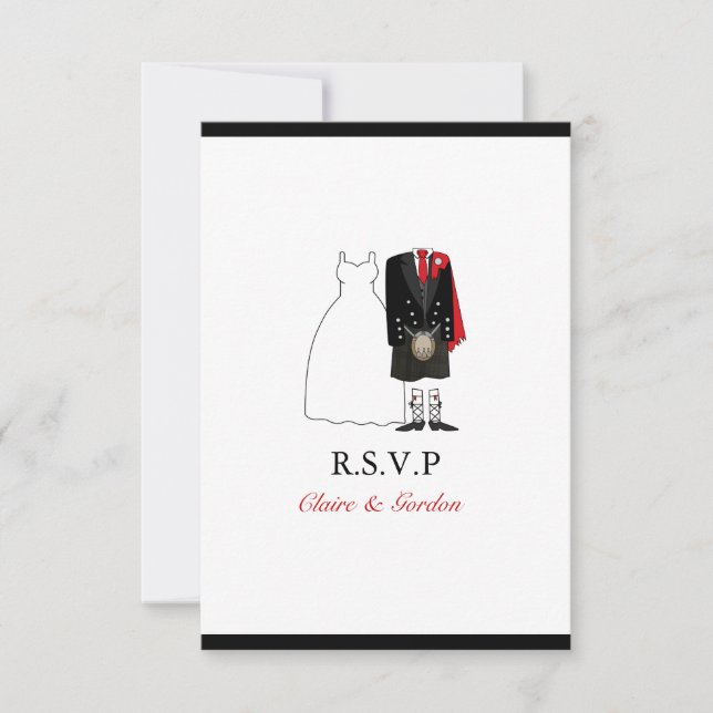Scottish Kilt Bride & Groom Wedding RSVP - rot Karte (Vorderseite)