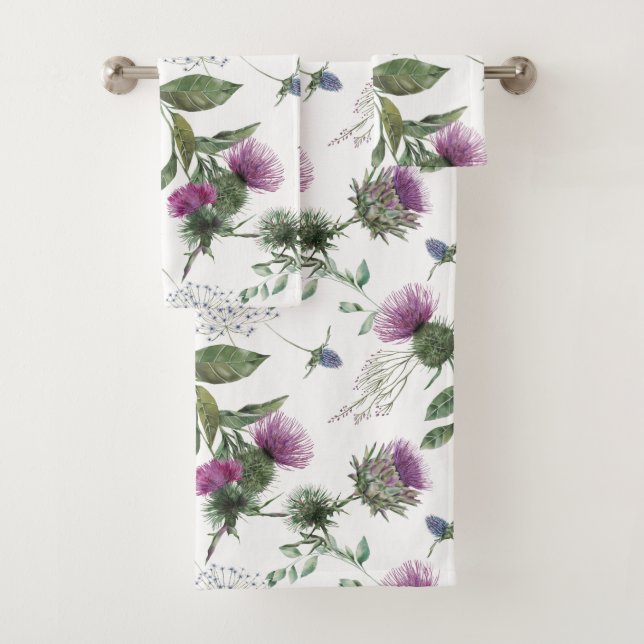 Scottish Lila Thistle Watercolor Badhandtuch Set (Insitu)
