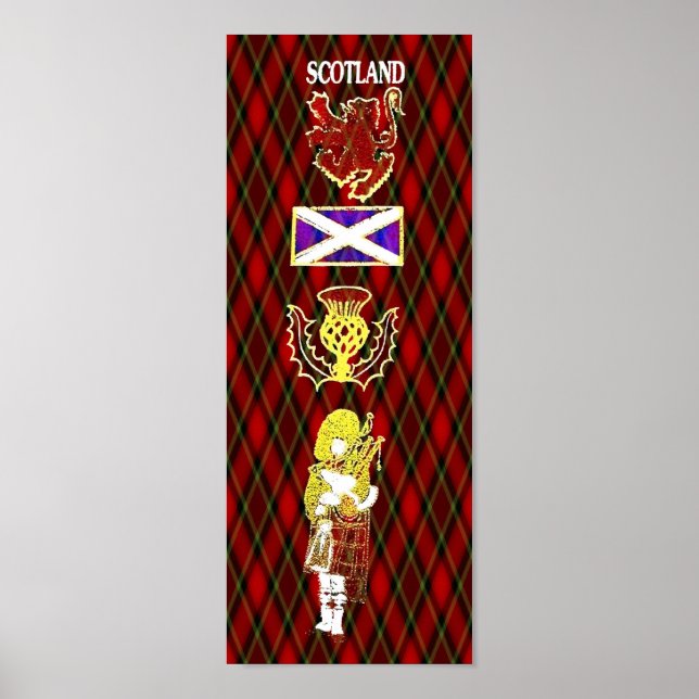 Scottish Lion, Thistle, Flag und Piper auf Red Tar Poster (Vorne)
