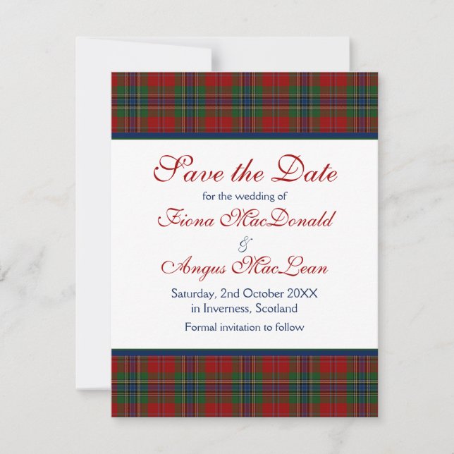 Scottish MacLean Tartan Wedding Save the Date Card (Vorderseite)
