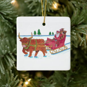 Scottish Santa mit Highland Cow, der Schlitten zie Keramikornament
