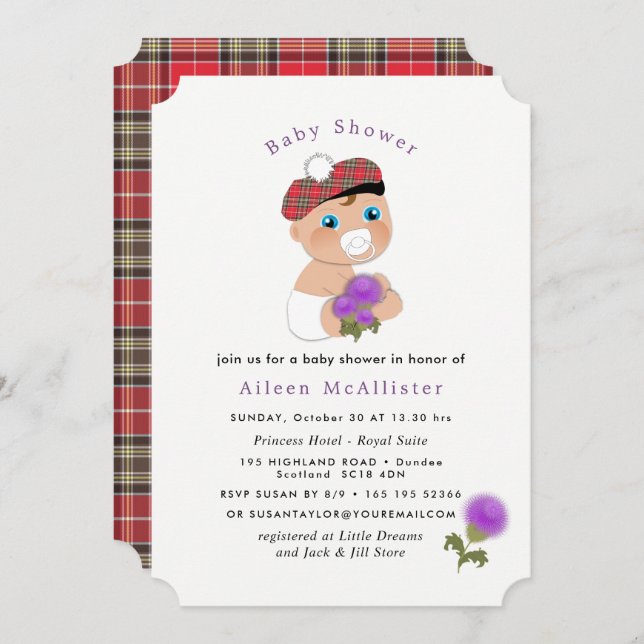 Scottish Tartan |Blume Niedlich Babydusche Einladung (Vorne/Hinten)