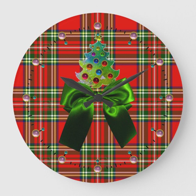 SCOTTISH TARTAN, GREEN BOW UND CHRISTMAS BAUM GROßE WANDUHR (Vorderseite)