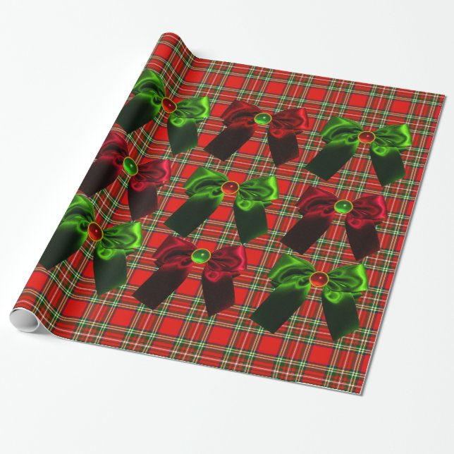 SCOTTISH TARTAN MIT ROTEN GRÜNEN CHRISTMAS BOWS GESCHENKPAPIER (Ungerollt)