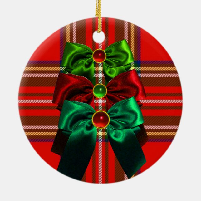 SCOTTISH TARTAN MIT ROTEN GRÜNEN CHRISTMAS BOWS KERAMIKORNAMENT (Hinten)