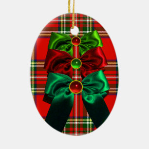 SCOTTISH TARTAN MIT ROTEN GRÜNEN CHRISTMAS BOWS KERAMIKORNAMENT