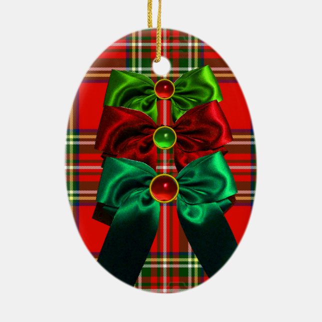 SCOTTISH TARTAN MIT ROTEN GRÜNEN CHRISTMAS BOWS KERAMIKORNAMENT (Hinten)