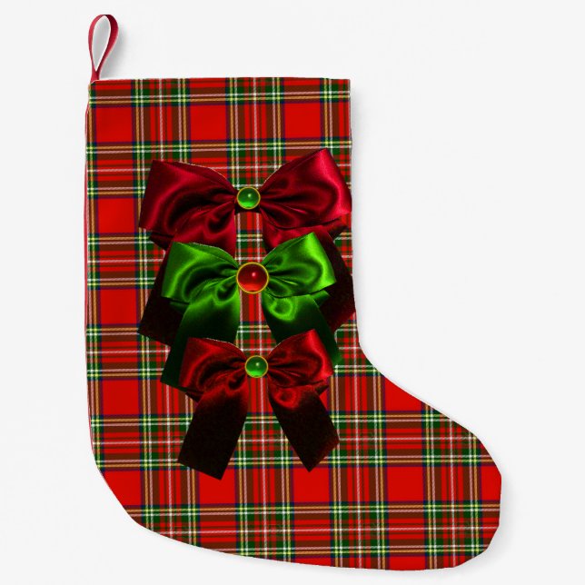 SCOTTISH TARTAN MIT ROTEN GRÜNEN CHRISTMAS BOWS KLEINER WEIHNACHTSSTRUMPF (Vorderseite)