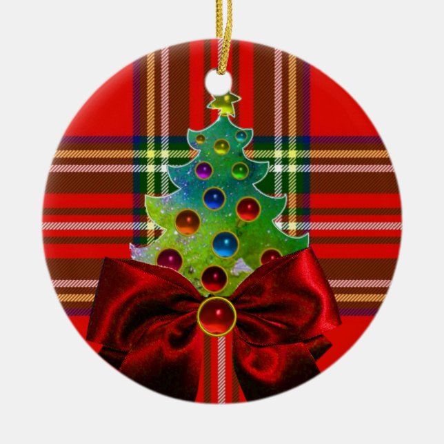 SCOTTISH TARTAN, RED GREEN BOWS AND CHRISTMAS TREM KERAMIKORNAMENT (Vorne)