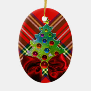 SCOTTISH TARTAN, RED GREEN BOWS AND CHRISTMAS TREM KERAMIKORNAMENT