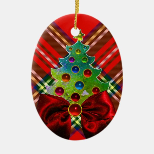 SCOTTISH TARTAN, RED GREEN BOWS AND CHRISTMAS TREM KERAMIKORNAMENT (Vorne)