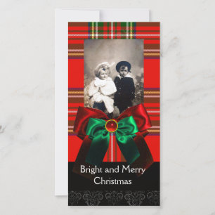 SCOTTISH TARTAN, RED GREEN BOWS XMAS FOTOVORLAGE FEIERTAGSKARTE