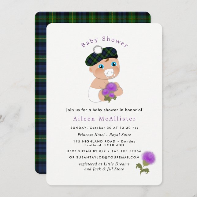 Scottish Tartan Thistle Blume Niedlich Baby Dusche Einladung (Vorne/Hinten)