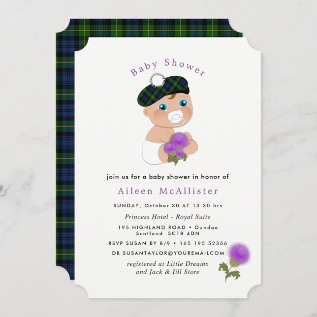 Scottish Tartan Thistle Blume Niedlich Baby Shower Einladung (Vorne/Hinten)