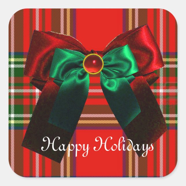 SCOTTISH TARTAN UND RED GREEN BOWS CHRISTMAS PARTY QUADRATISCHER AUFKLEBER (Vorderseite)