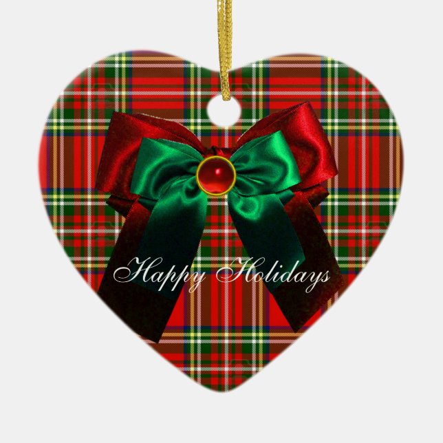 SCOTTISH TARTAN UND RED GREEN CHRISTMAS BOWS HERZ KERAMIK ORNAMENT (Vorne)