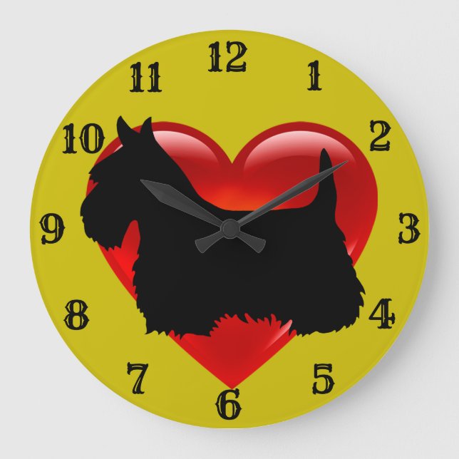 Scottish Terrier black silhouette red heart/gold Große Wanduhr (Vorderseite)