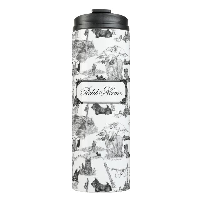 SCOTTISH Terrier Black Toile mit Individuelle Name Thermosbecher (Vorderseite)