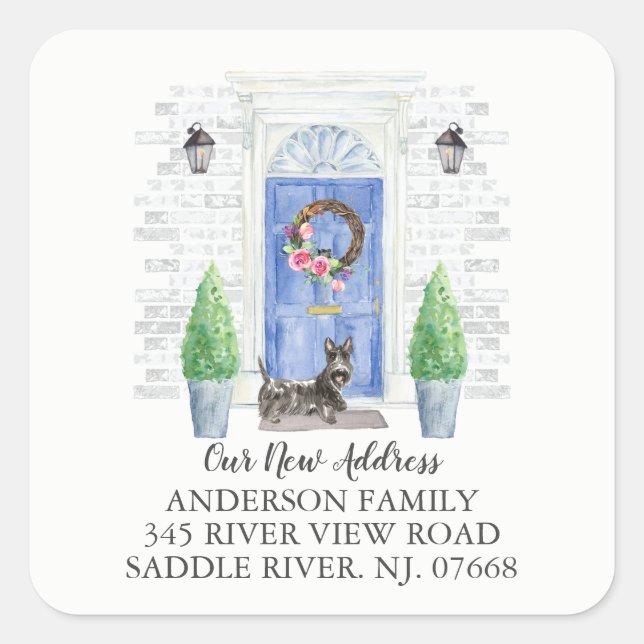 Scottish Terrier Blue Door New Address Label Quadratischer Aufkleber (Vorderseite)