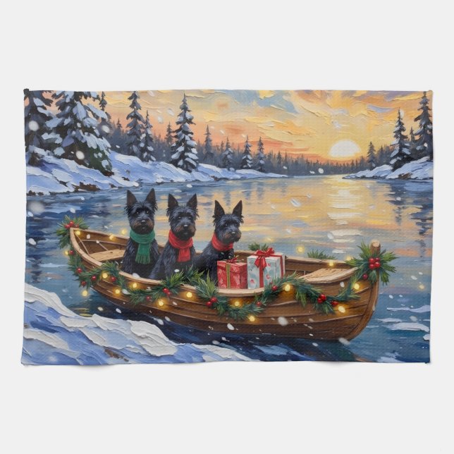 Scottish Terrier Christmas Boat Holiday Geschirrtuch (Horizontal)