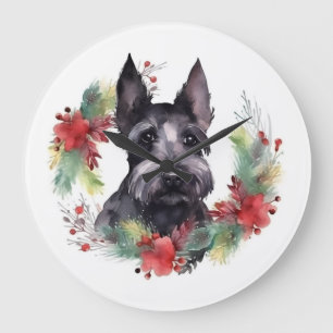 Scottish Terrier Christmas Wreath Festive Pup Große Wanduhr