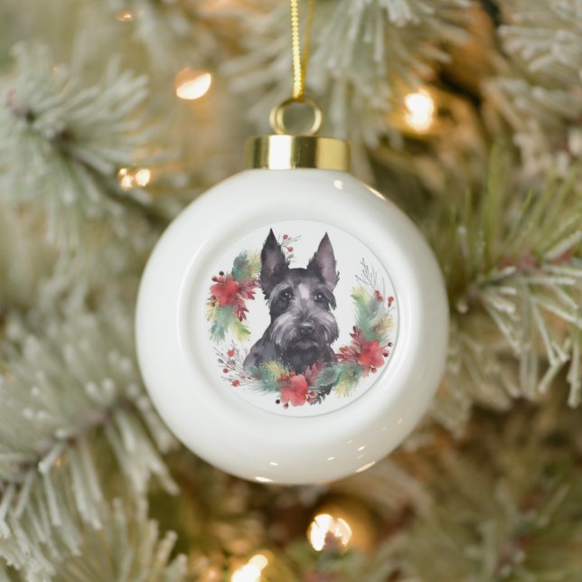 Scottish Terrier Christmas Wreath Festive Pup Keramik Kugel-Ornament (Baum)