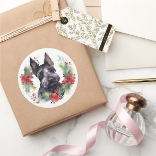 Scottish Terrier Christmas Wreath Festive Pup Runder Aufkleber
