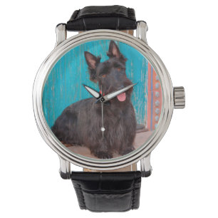 Scottish Terrier, das durch bunten Eingang sitzt Armbanduhr