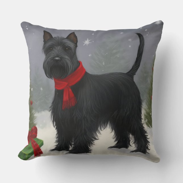 Scottish Terrier Dog in Snow Christmas Kissen (Vorderseite)