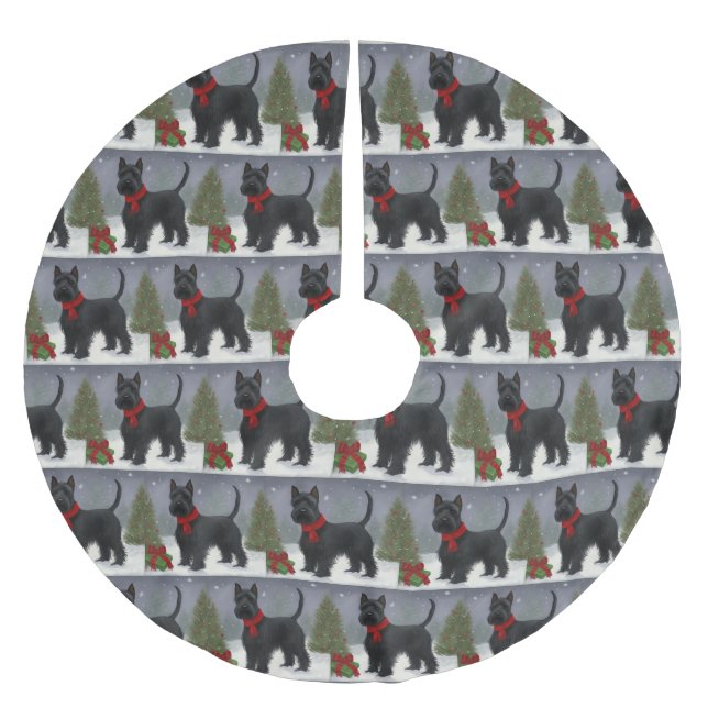 Scottish Terrier Dog in Snow Christmas Polyester Weihnachtsbaumdecke (Vorderseite)