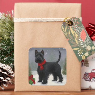 Scottish Terrier Dog in Snow Christmas Quadratischer Aufkleber