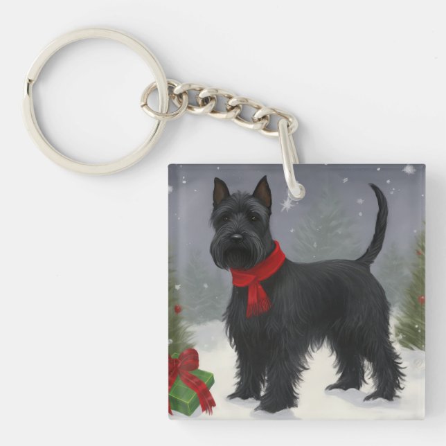 Scottish Terrier Dog in Snow Christmas Schlüsselanhänger (Vorderseite)