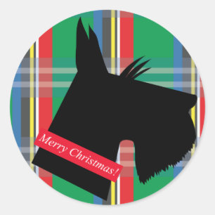 Scottish Terrier Dog Karierter Weihnachtssticker Runder Aufkleber