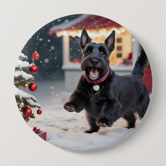 Scottish Terrier Dog Playing Christmas Snow Button (Vorderseite)