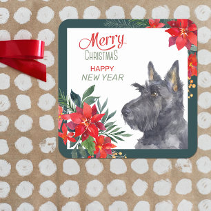 Scottish Terrier Dog Poinsettia Bouquet Quadratischer Aufkleber