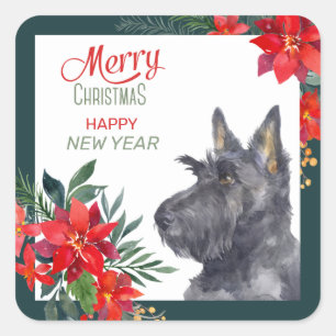 Scottish Terrier Dog Poinsettia Bouquet  Quadratischer Aufkleber