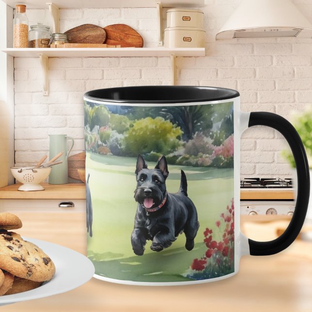 Scottish Terrier Dogs Watercolor Scotties Tasse (A mug with picture of Scottish Terrier dogs playing in a garden in summer, in a watercolor style)