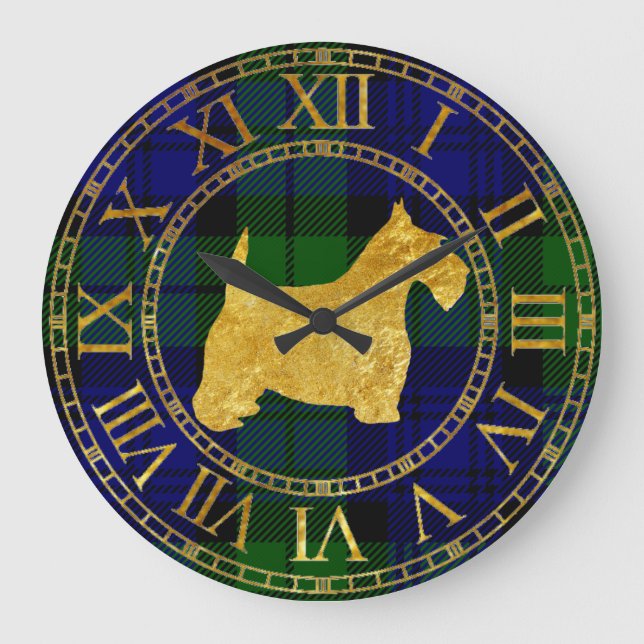 Scottish Terrier Gold und Kariert Große Wanduhr (Vorderseite)