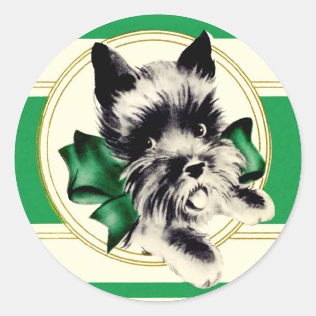 Scottish Terrier Green bow and Stripe Aufkleber (Vorderseite)