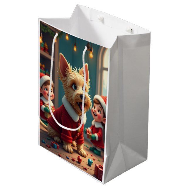 Scottish Terrier Helping Santa’s Elves Christmas Mittlere Geschenktüte (Vorderseite Schrägansicht)